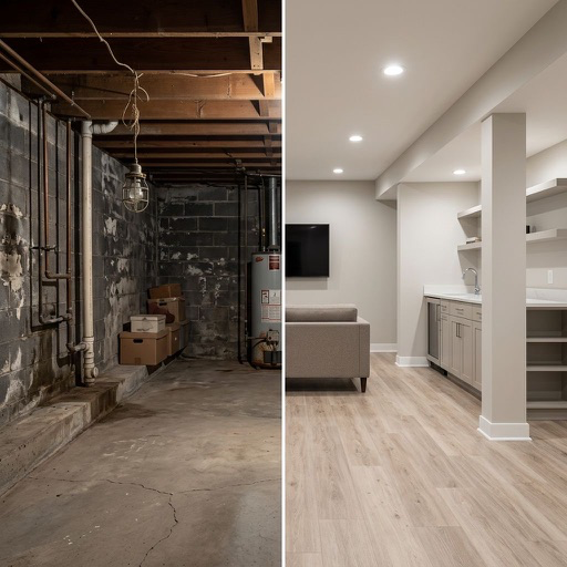 Before and after: unfinished basement transformed into a finished living space
