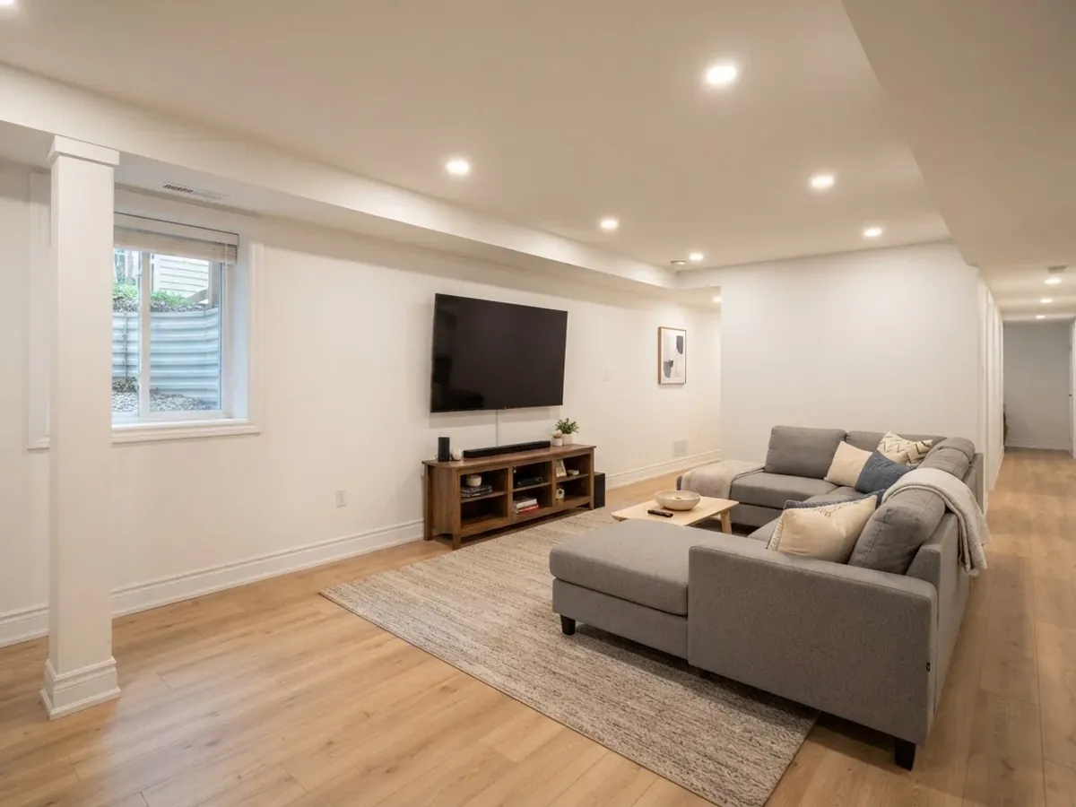 Finished basement with a white drywall ceiling and recessed lights