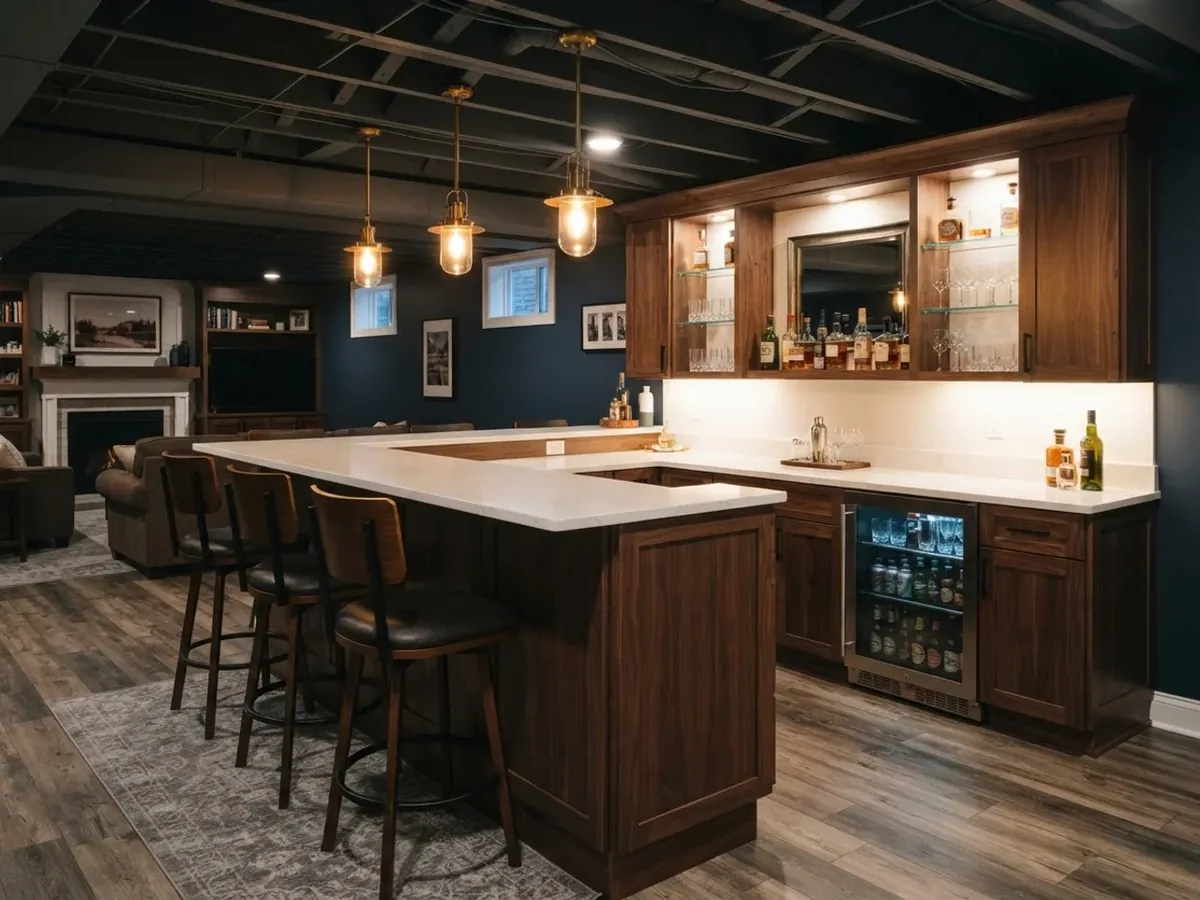 Exposed joists painted black above a basement bar