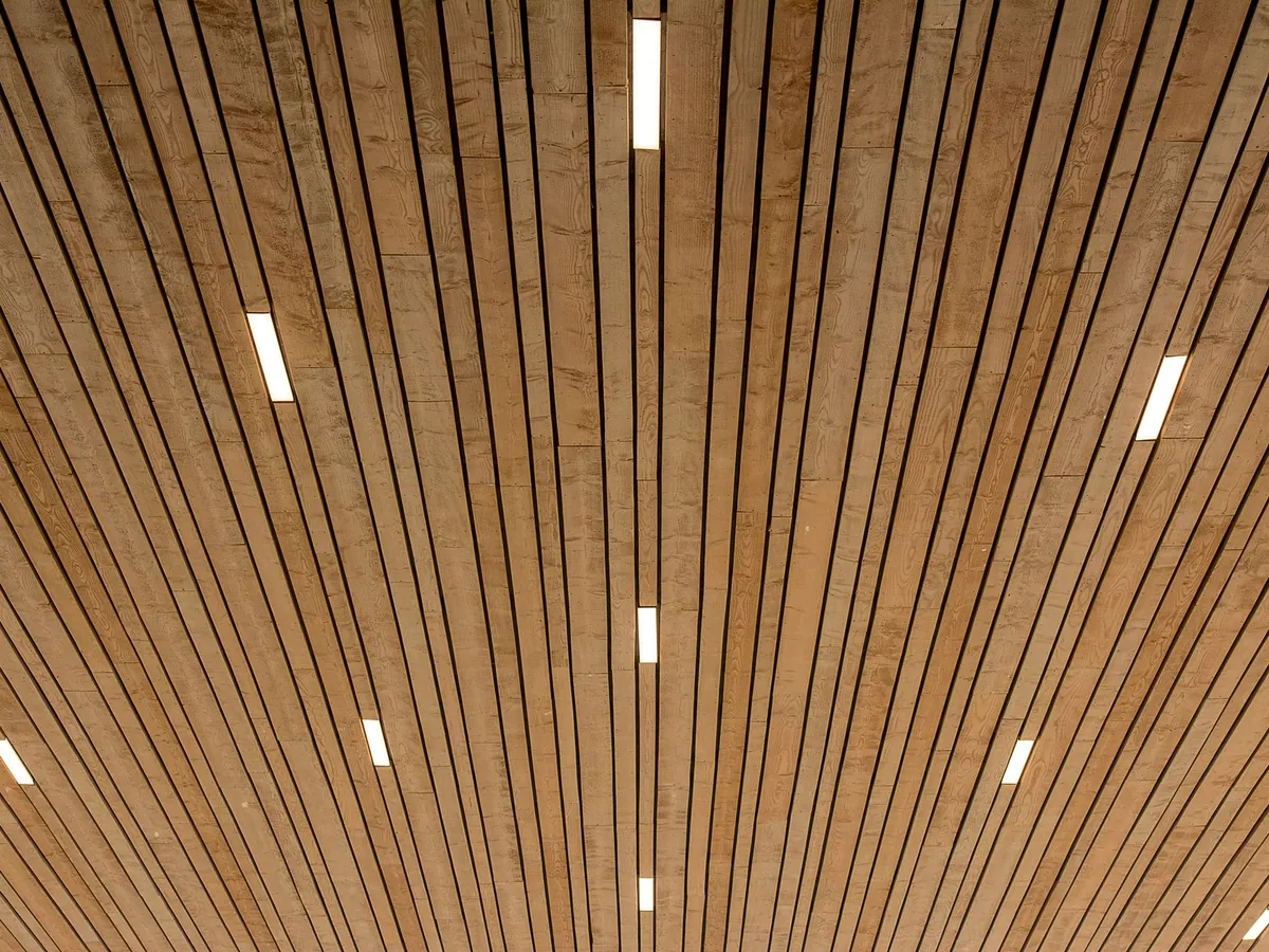 Wood slat ceiling with linear LED lights