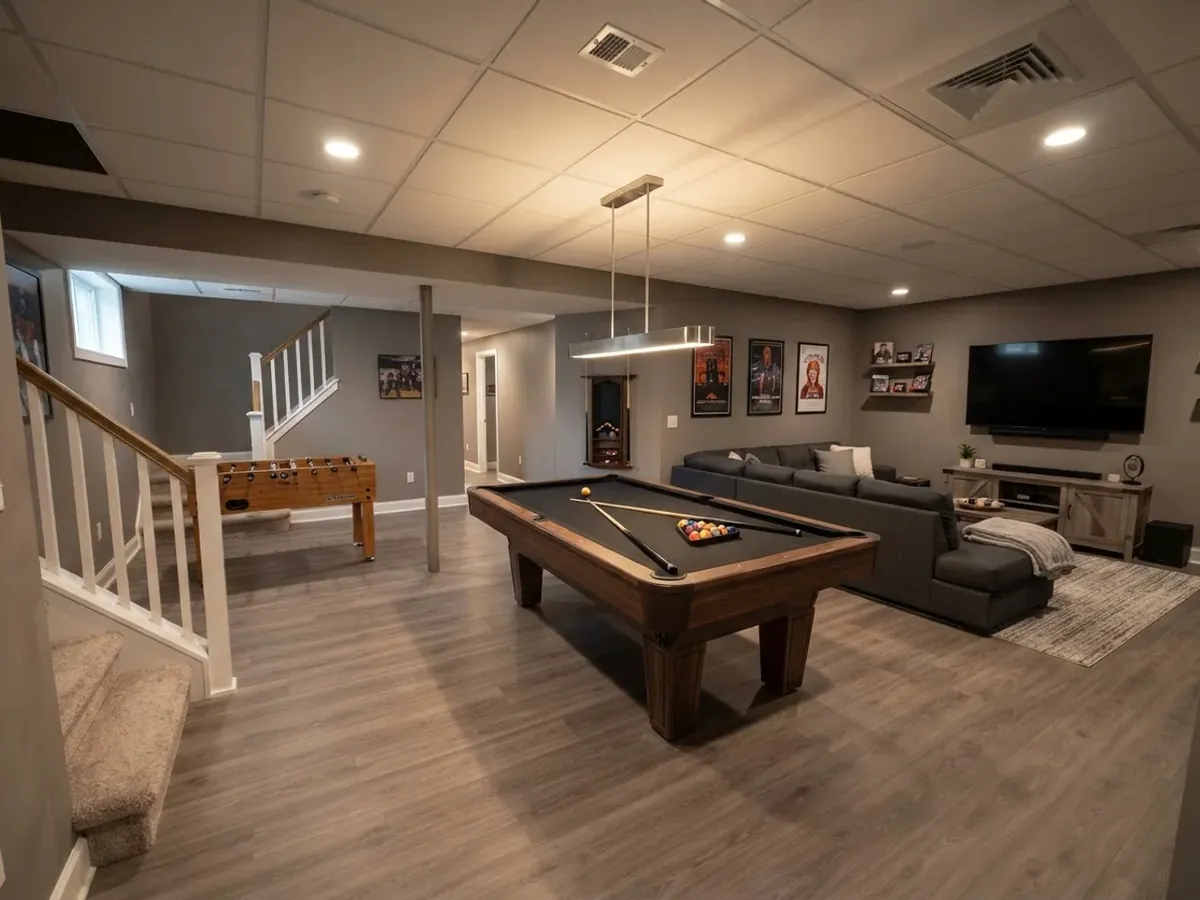 Drop ceiling with acoustic tiles in a basement game room