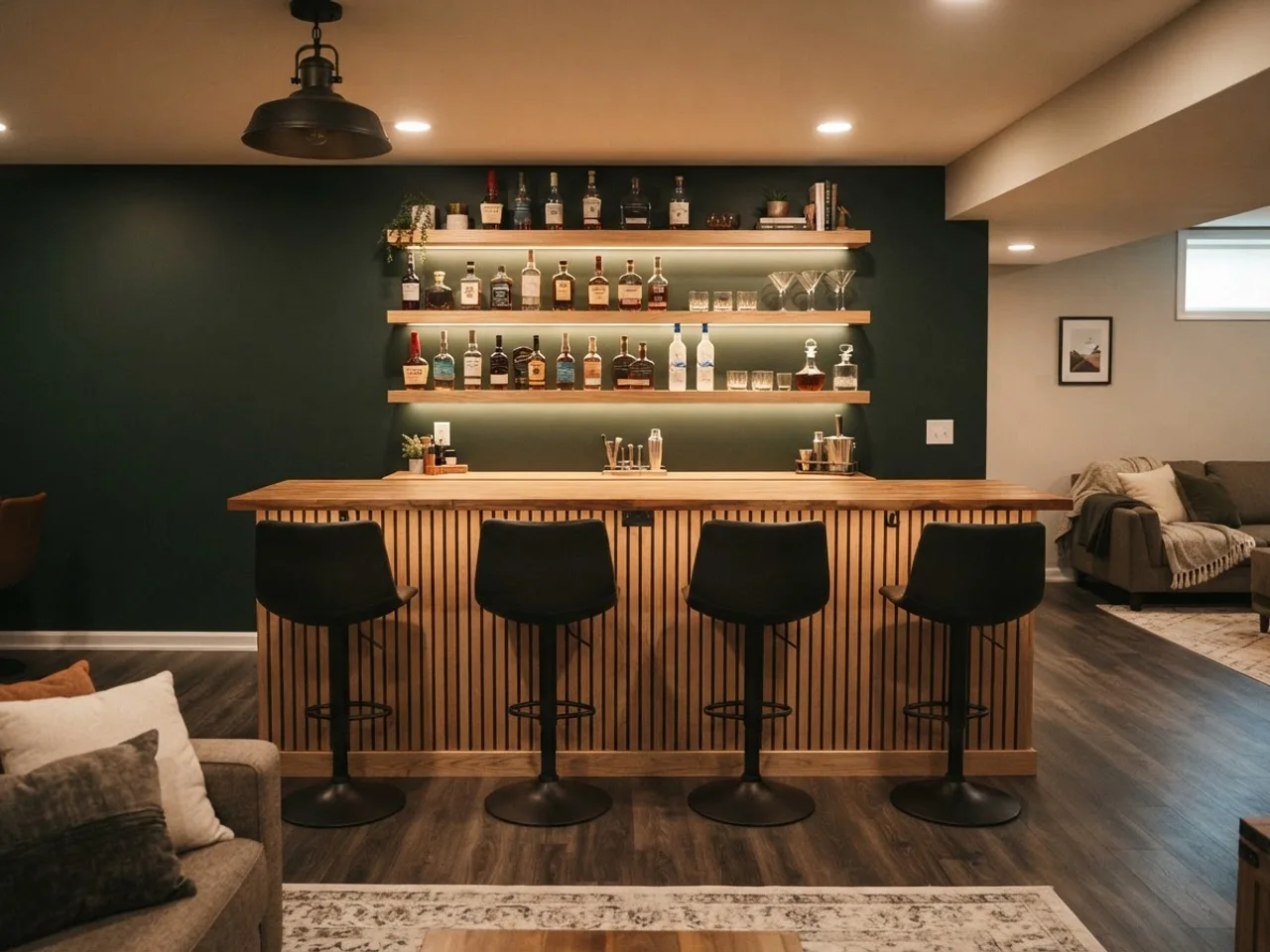 Straight 8 ft wood dry bar with four stools in a finished basement