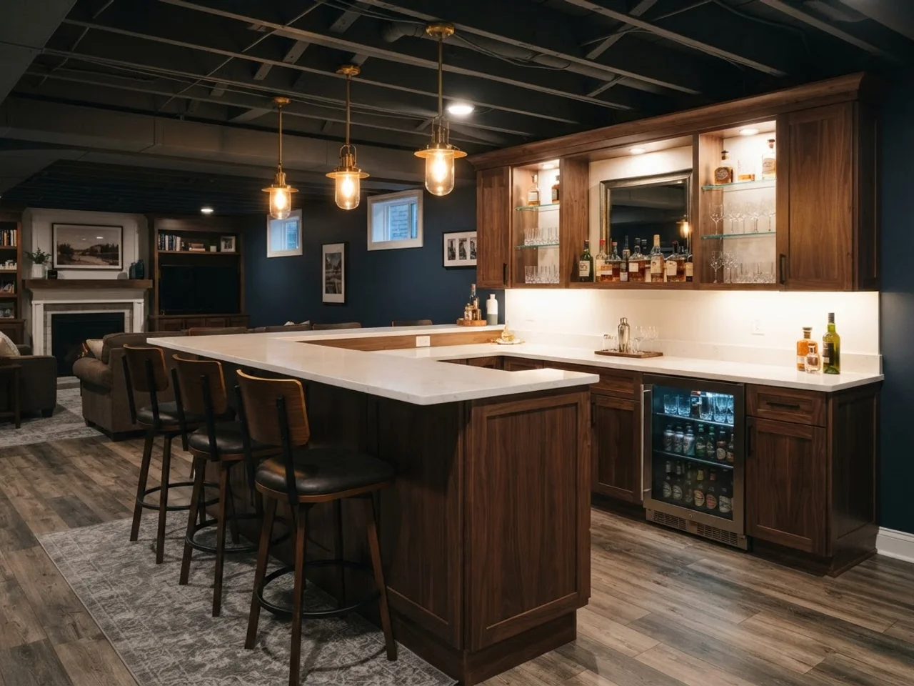L-shaped basement bar with back bar shelving and LED underglow