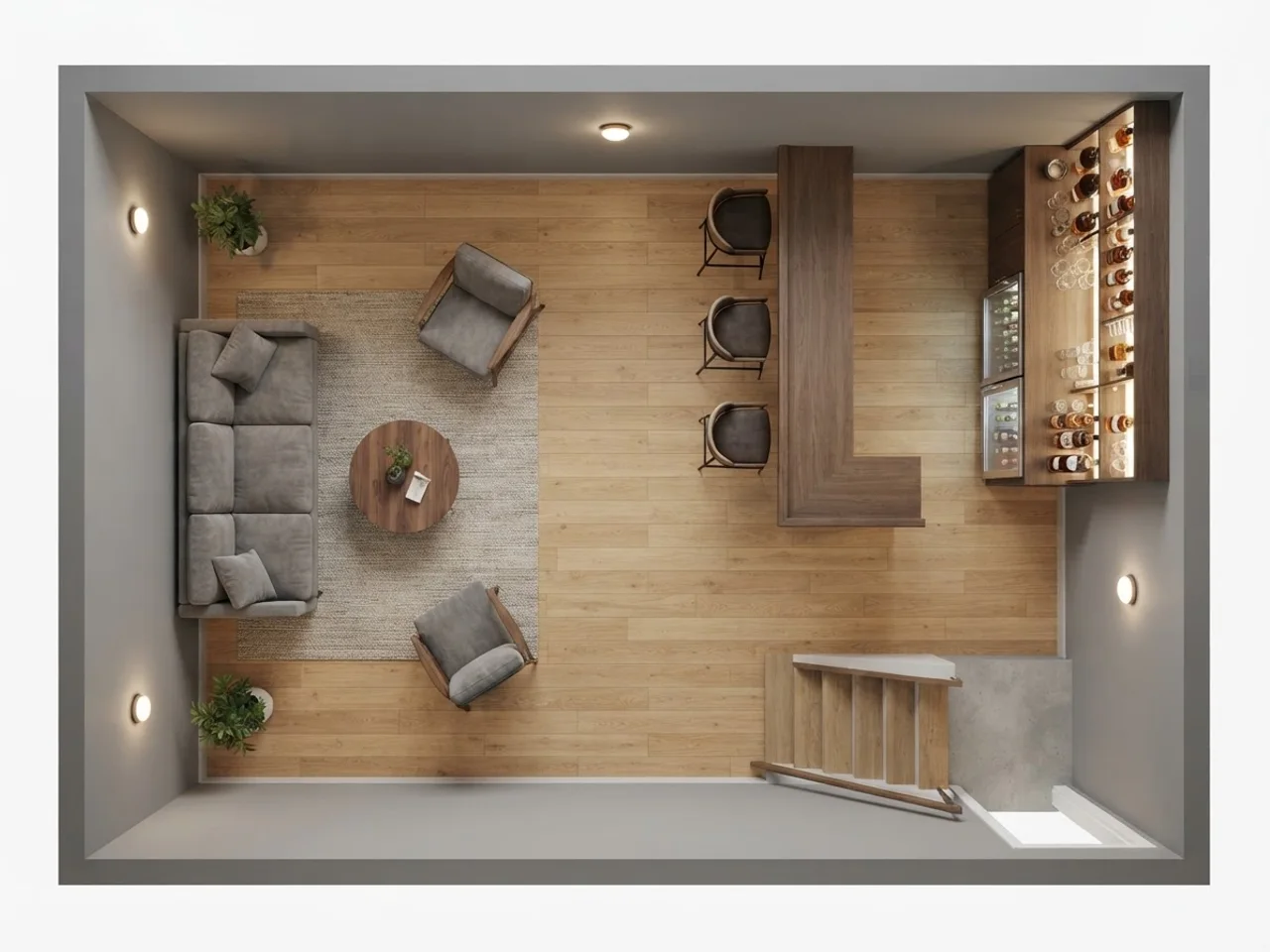 Top-down 3D rendering of a basement bar floor plan with stools, back bar and lounge