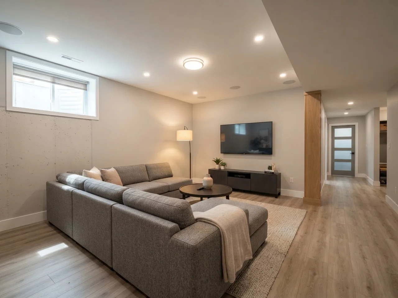Finished modern basement family room with sectional and low ceiling lighting