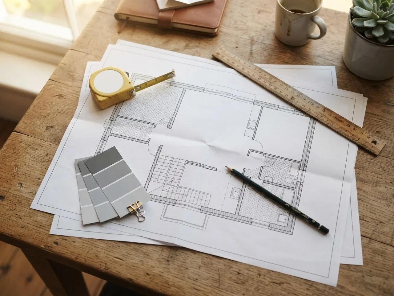 Designer desk with printed basement floor plans and a tape measure