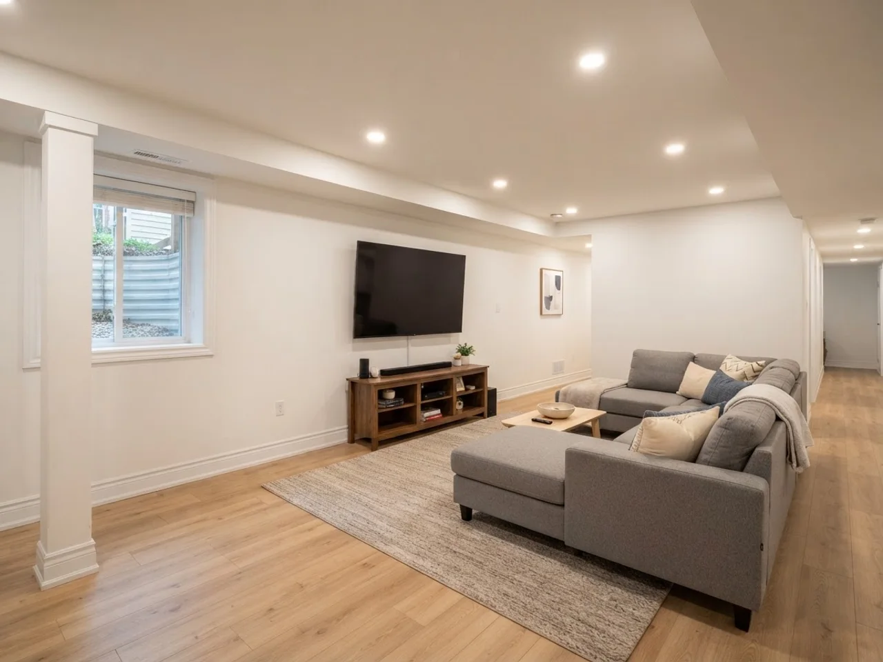 Finished standard-tier basement family room with LVP flooring and recessed lights