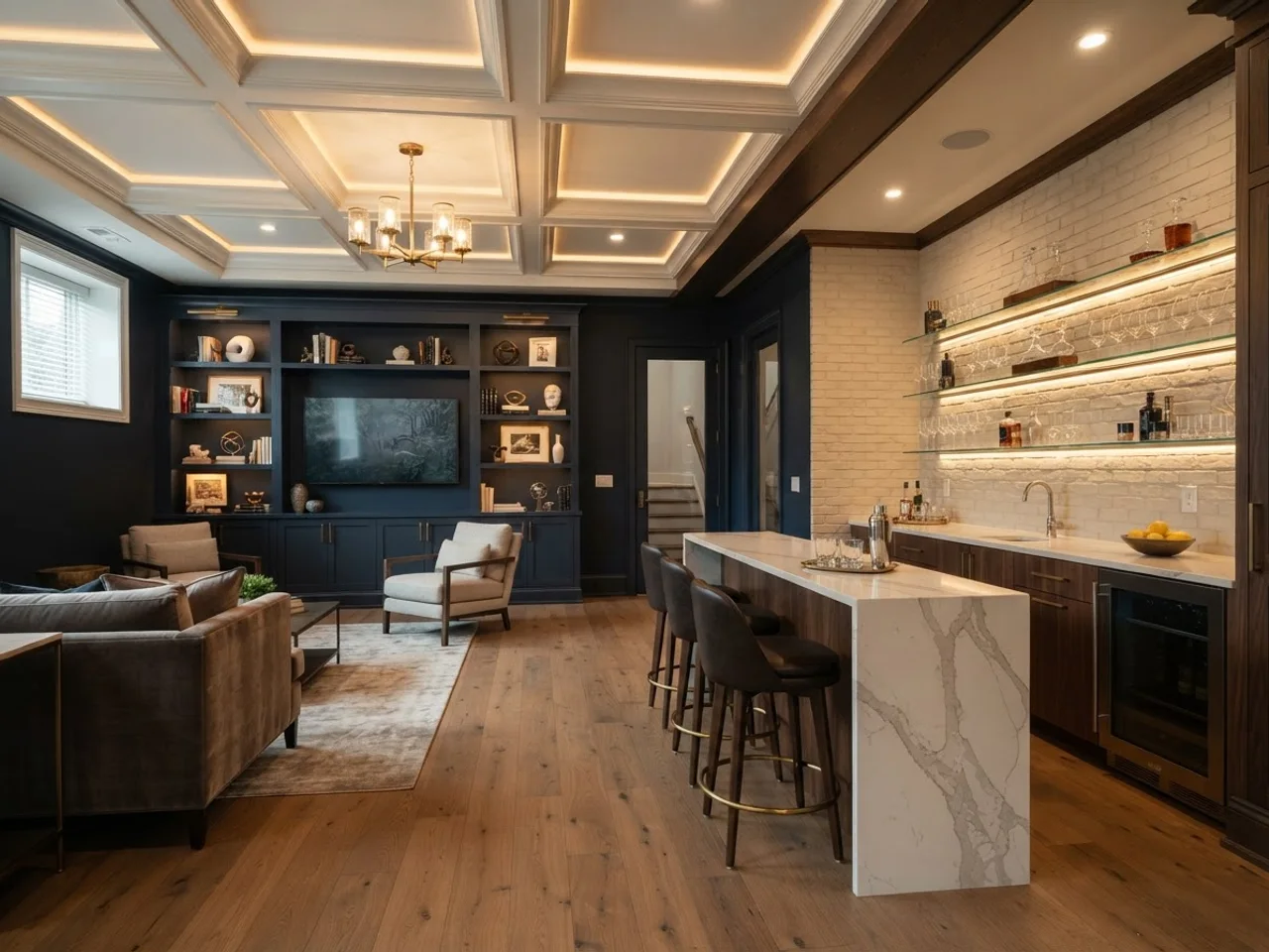 High-end finished basement with a wet bar, quartz counter and painted built-ins