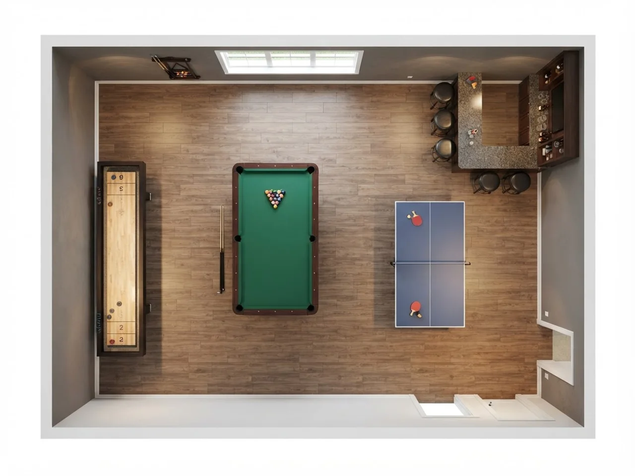 Top-down 3D rendering of a game room floor plan with a pool table, ping pong table and shuffleboard