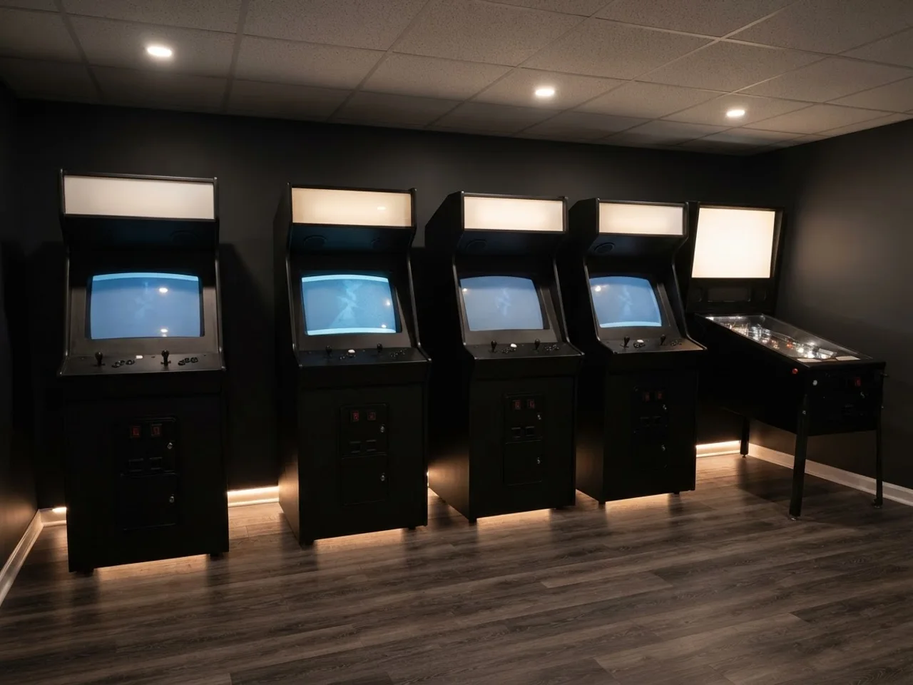 Basement arcade corner with four upright cabinets and a pinball machine against a dark wall