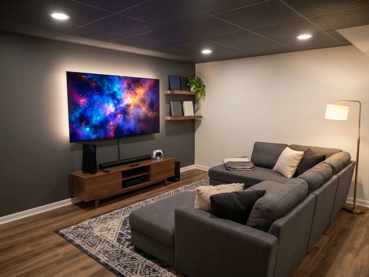 Basement console gaming lounge with an 85 inch TV, bias lighting and a gray sectional