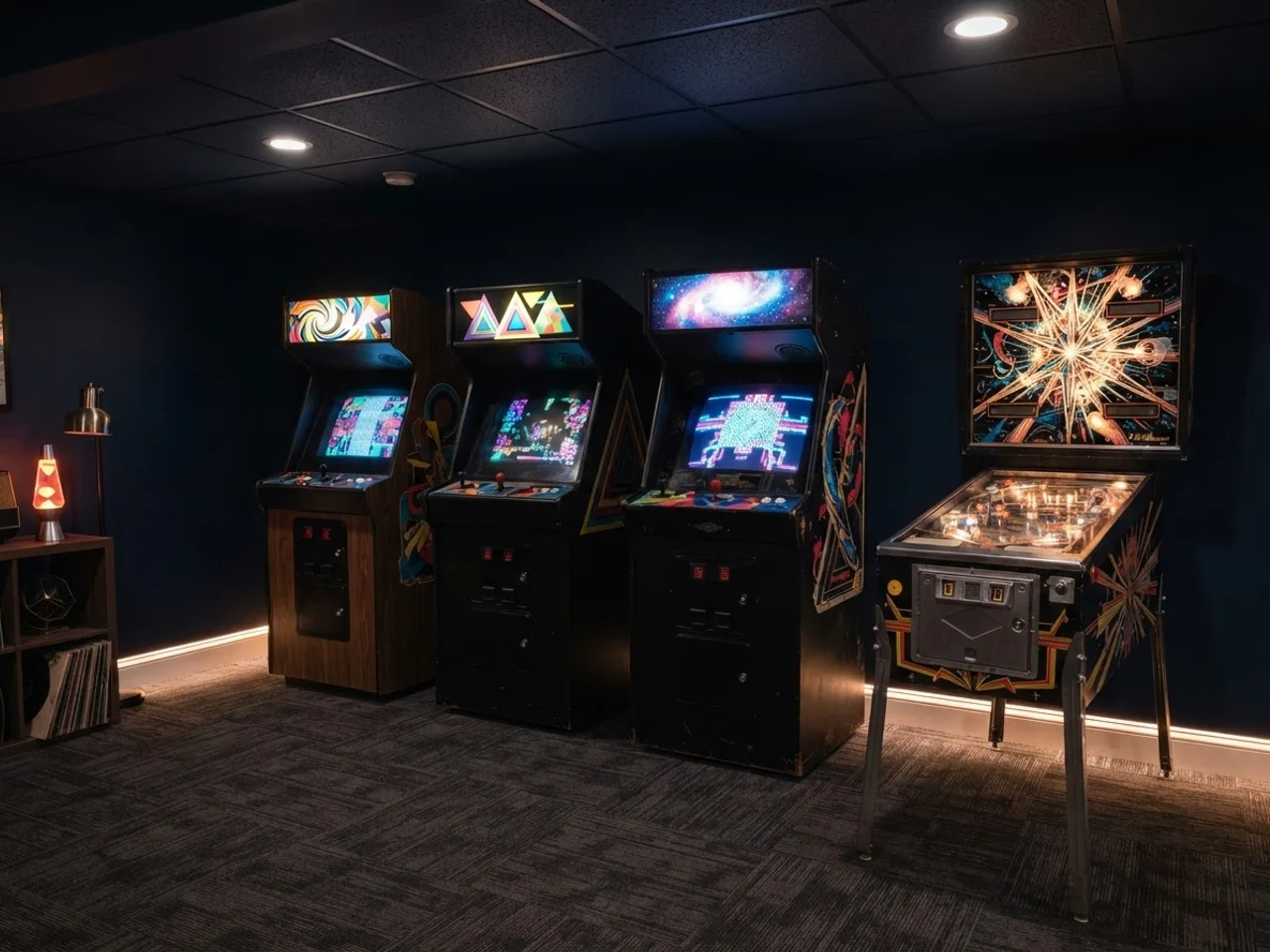 Arcade corner in a finished basement with three upright cabinets and a pinball machine