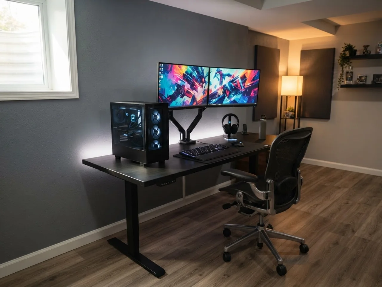 PC gaming station with two monitors in a finished basement