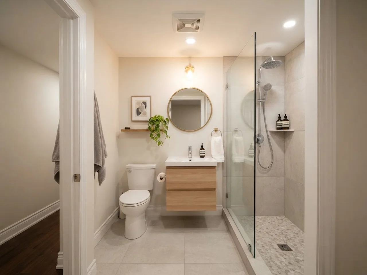 Compact basement three-quarter bathroom with a walk-in shower, floating vanity and toilet
