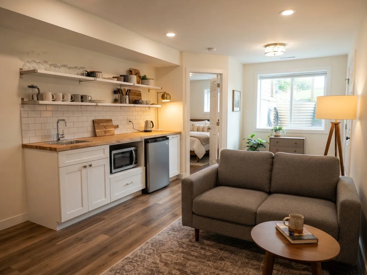 Basement in-law suite with a small kitchenette, sitting area and bedroom beyond
