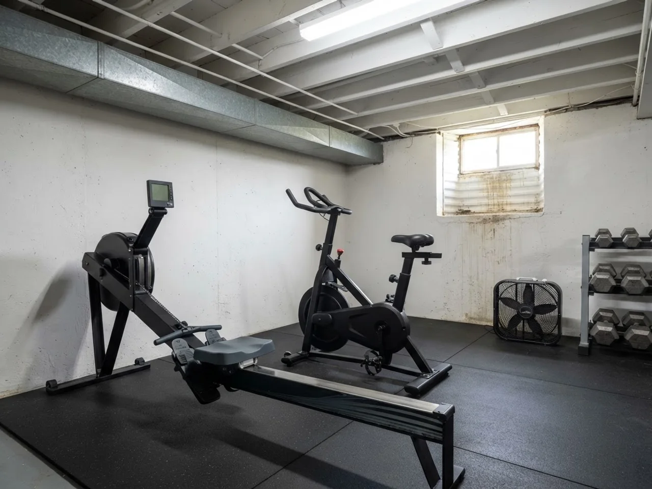 Basement cardio zone with a rowing machine and an exercise bike along a low ceiling