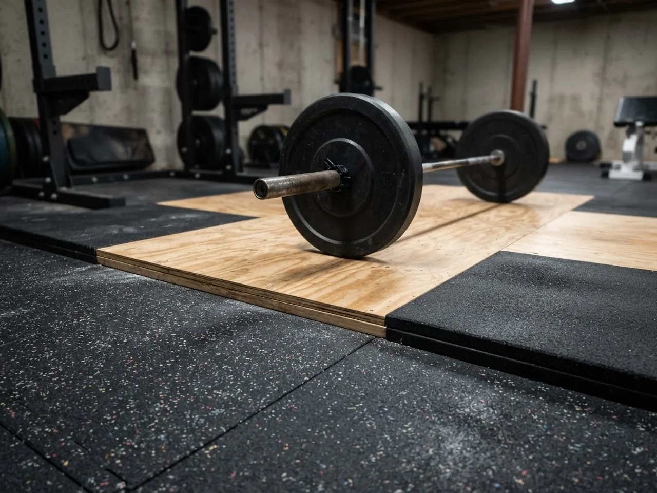 Close-up of interlocking rubber tile flooring meeting a plywood and rubber deadlift platform