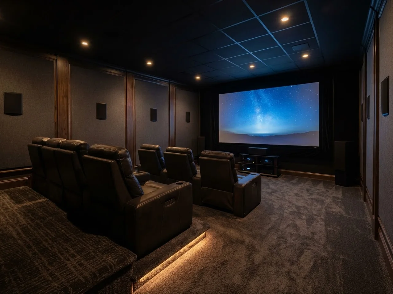 Finished basement home theater with two tiered rows of leather recliners facing a 120 inch screen