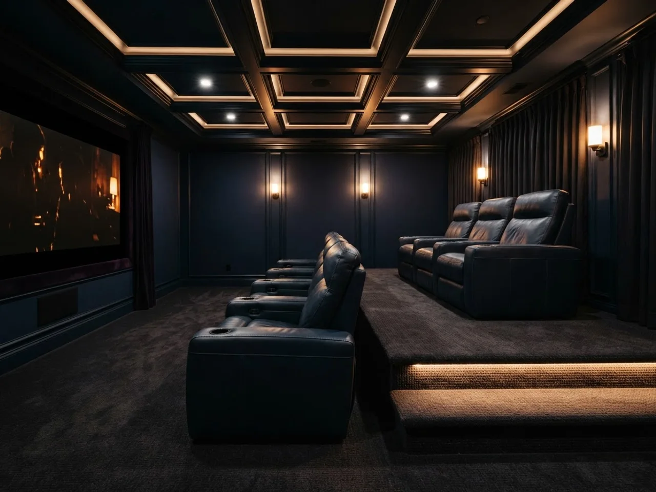 Side view of a basement theater showing the rear row on a carpeted riser with a clear sightline over the front row