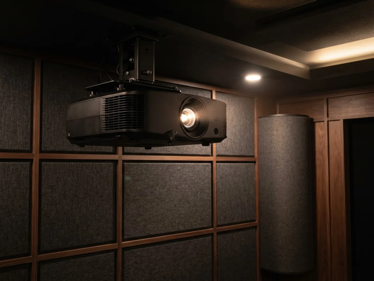 Ceiling mounted home theater projector in front of fabric acoustic panels and a corner bass trap