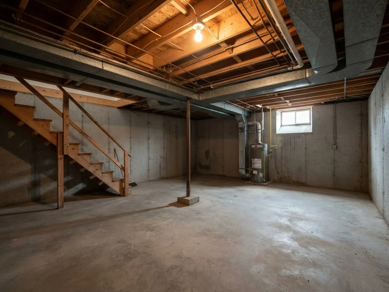 Bare unfinished basement with concrete walls, exposed joists and a steel column