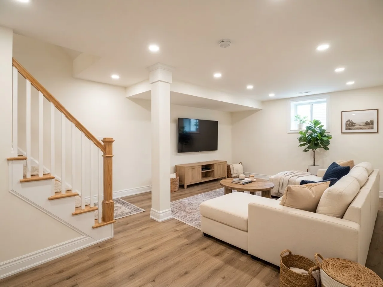 The same basement layout finished as a bright family room with LVP floor and recessed lights