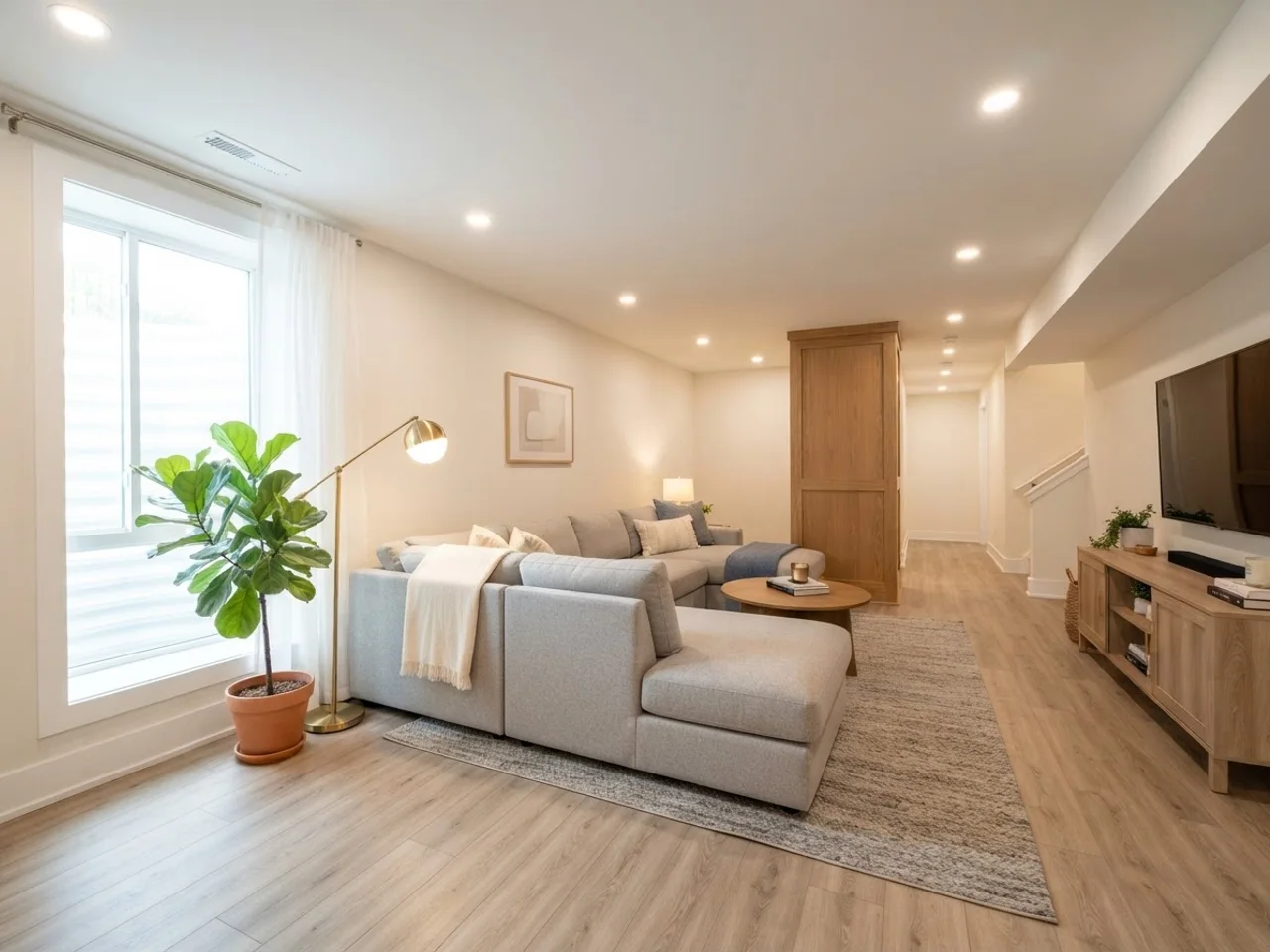 The same basement finished as a bright living area with LVP floors and recessed lighting