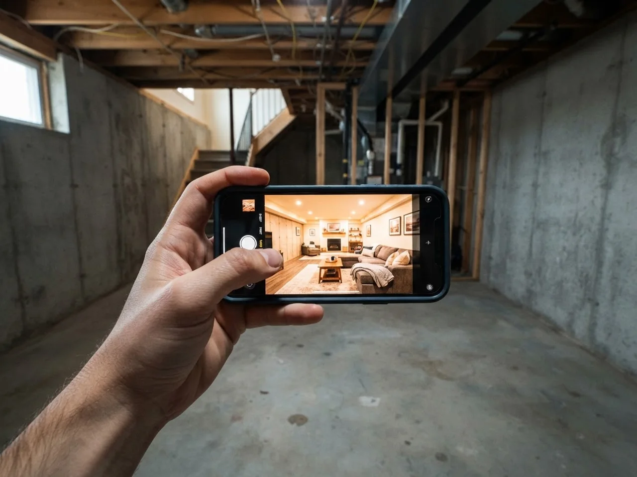 Person holding up a phone to photograph an empty basement, with a finished render on the screen