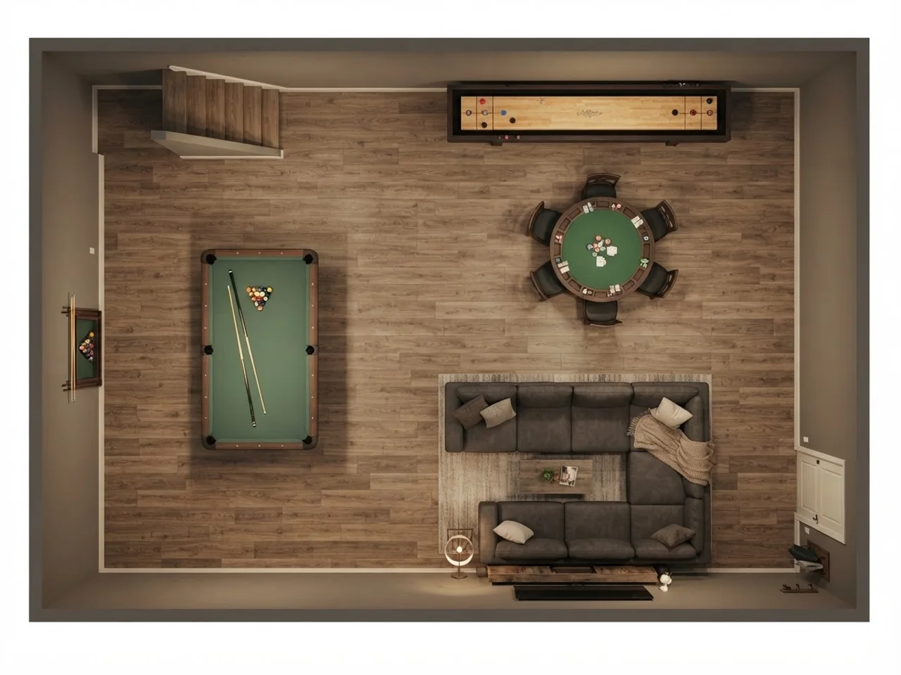 Top-down 3D rendering of a long basement game room floor plan with a pool table, poker table, shuffleboard and lounge