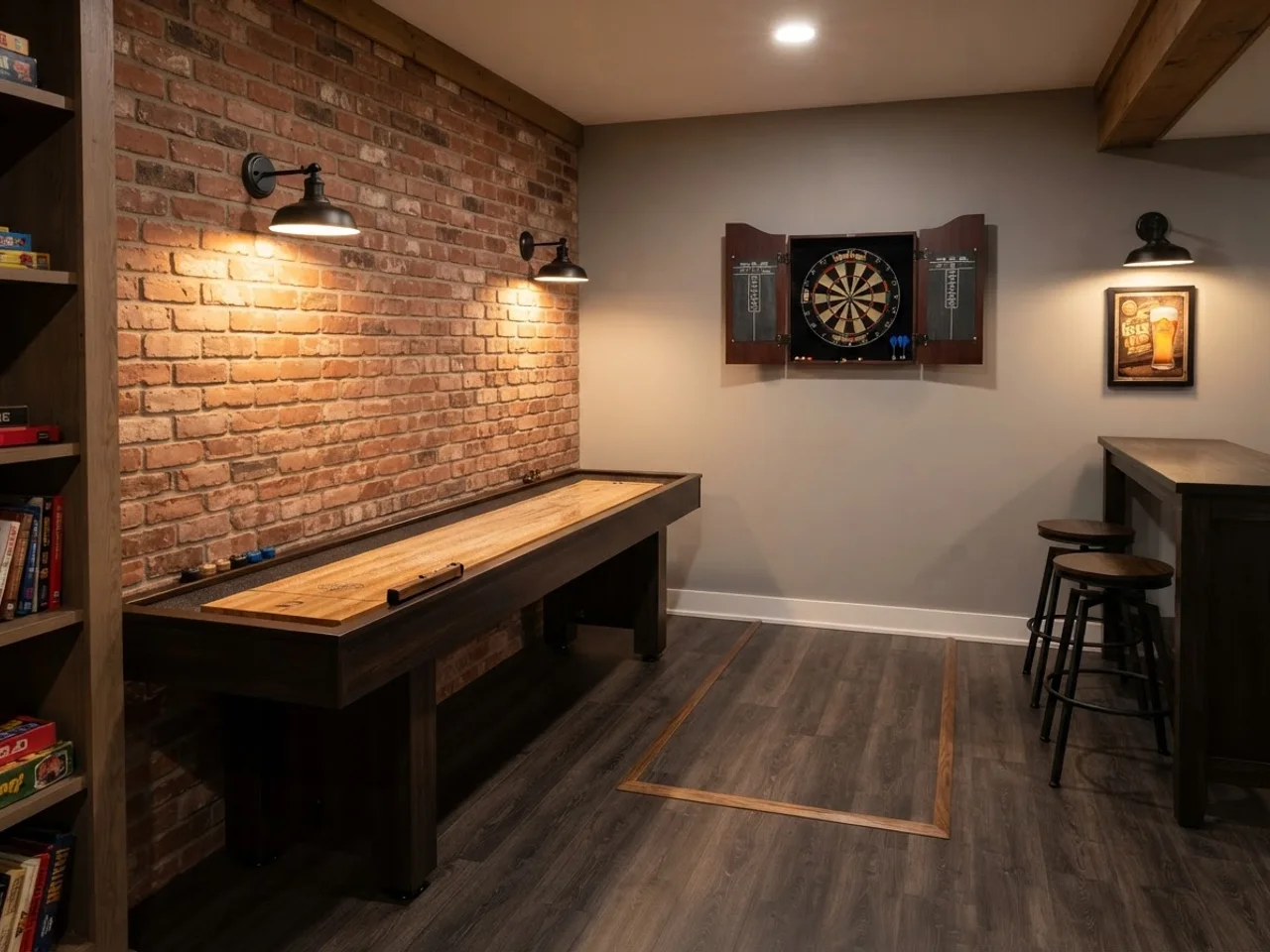 Basement game room corner with a shuffleboard table along a brick wall, a dartboard lane and a bar counter