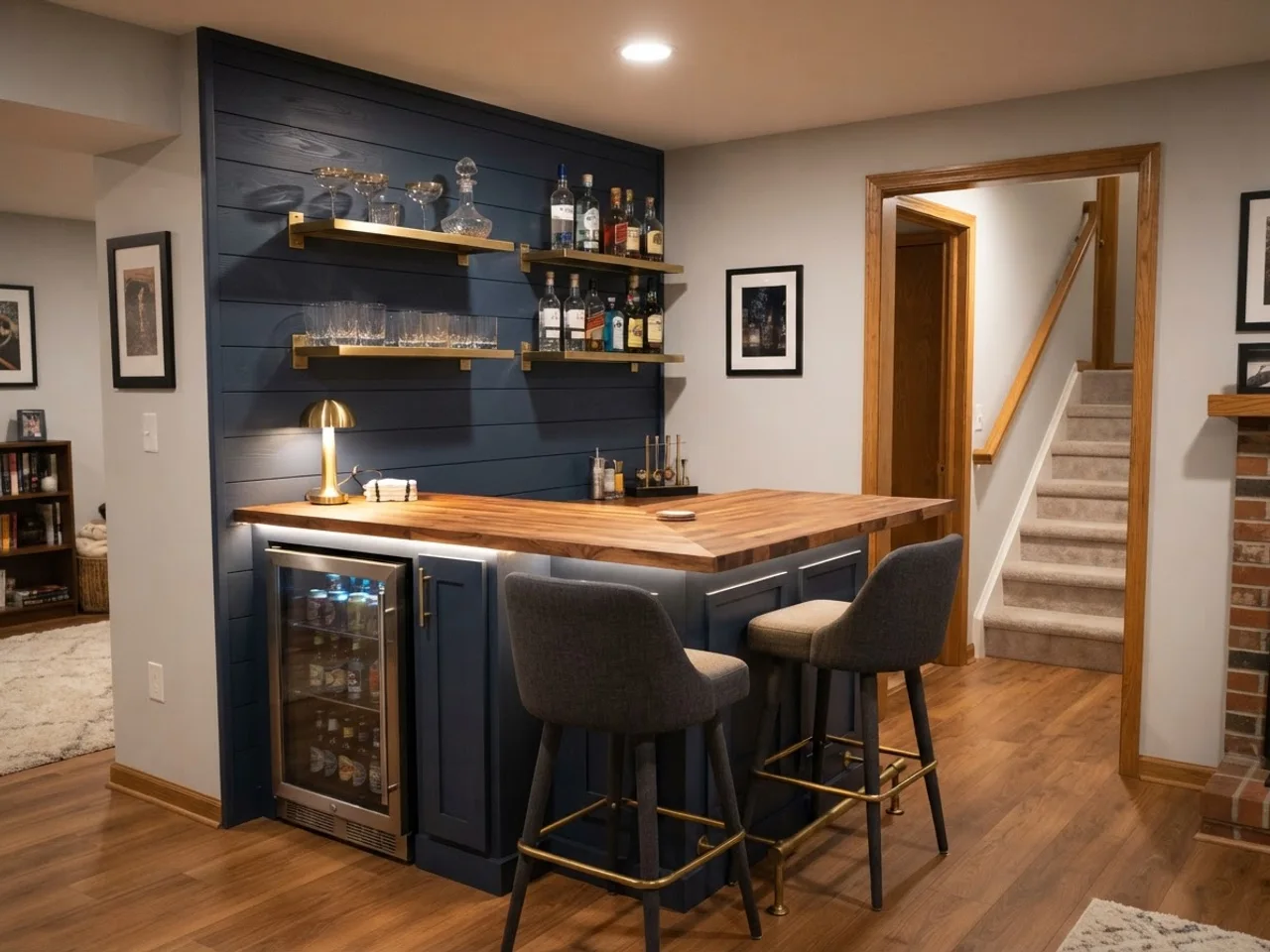Compact 6 ft basement bar with two stools and a beverage fridge against a painted wall