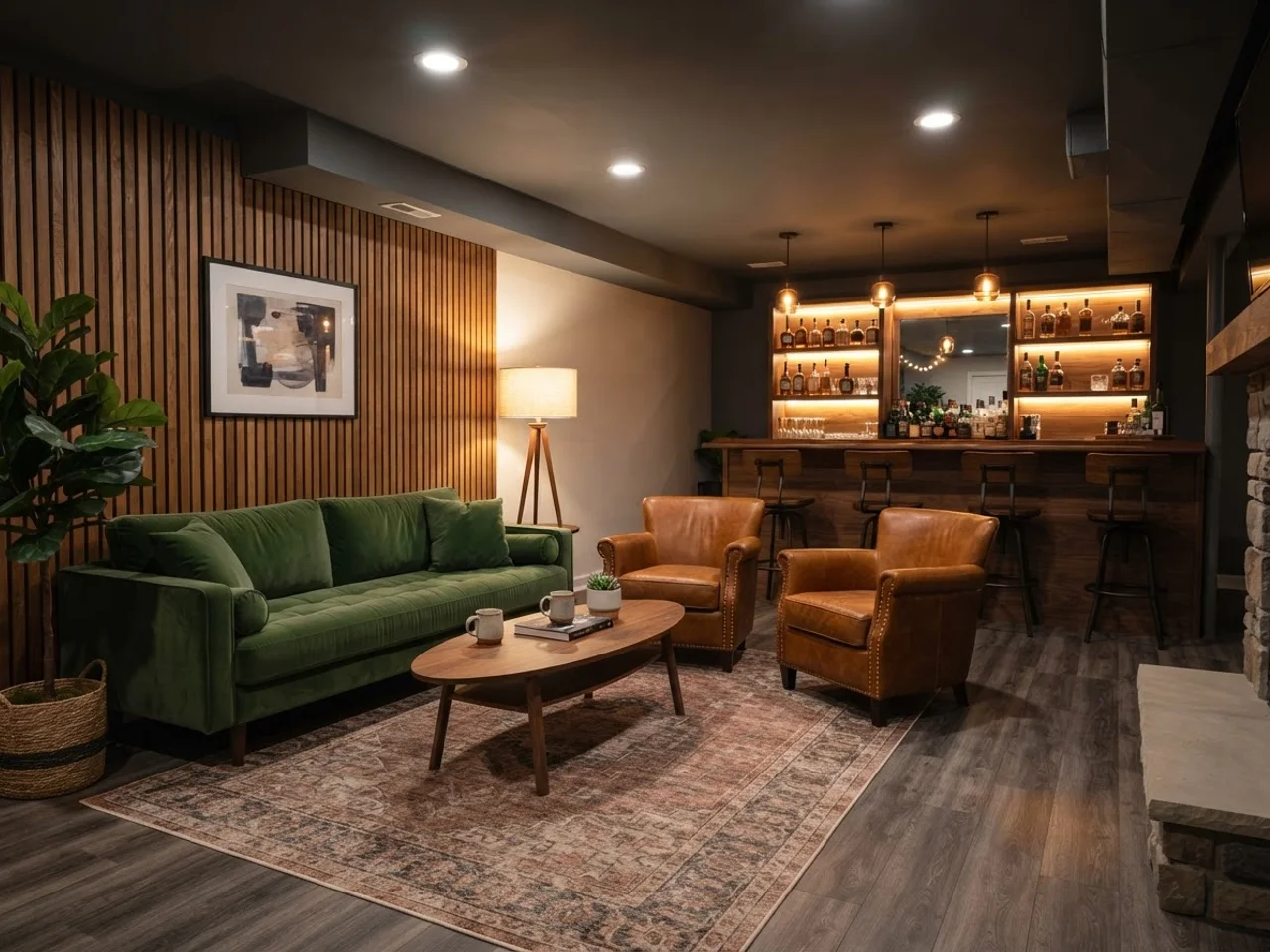 Lounge corner with a sofa and armchairs next to a basement bar