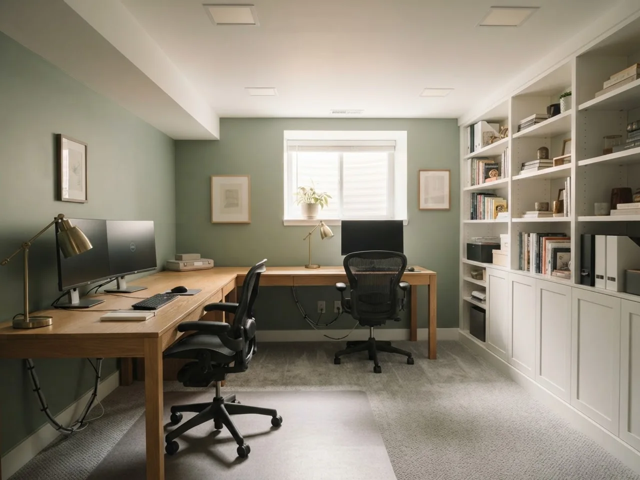 Two-person basement office with built-in shelving and two desks in an L