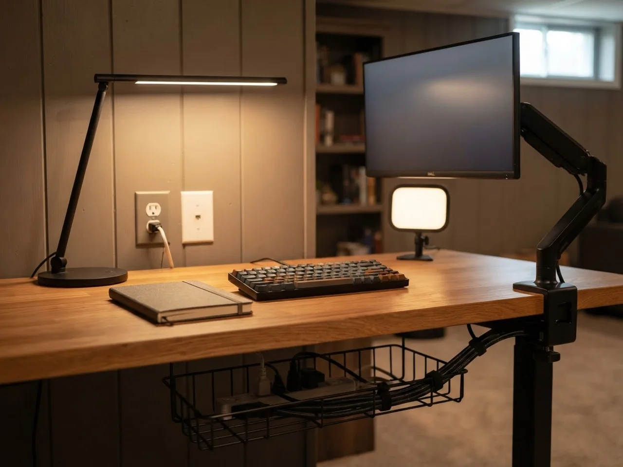 Detail of task lighting and cable management on a basement office desk