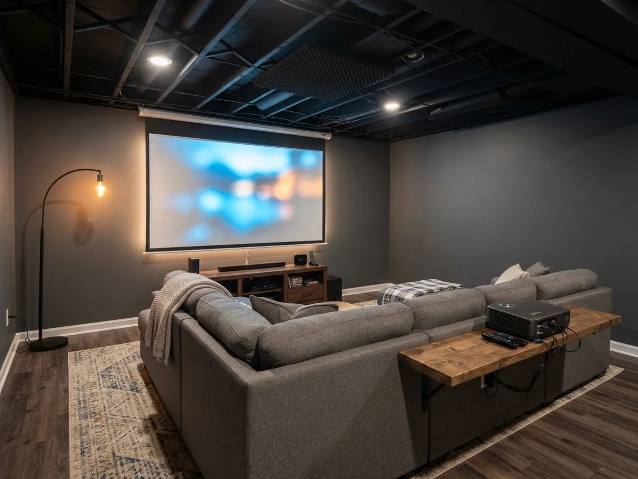 Budget basement theater with a gray sectional facing a pull-down projection screen under a black painted joist ceiling