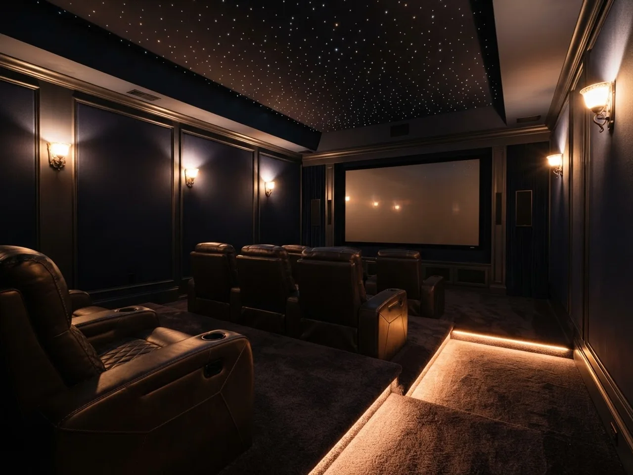 Basement theater lighting with dimmable sconces, LED strips under the riser and a fiber optic star ceiling